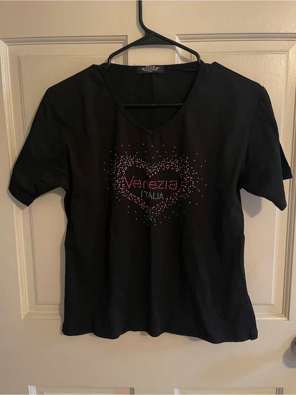 Black V-Neck with Pink Heart Detail “Venezia Italia”